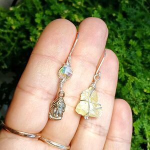 Mismatched Calcite Crystal & Buddha Dangle Earrings, Gemstone Jewelry